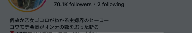 ぶった斬り会長のプロフィール文。乙女ゴコロがわかる主婦界のヒーロー、61歳でSNS総フォロワー30万人超えと書かれている