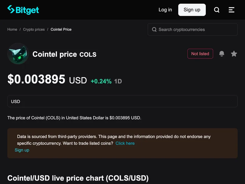 海外取引所ビットゲットに掲載されたコルス(Cointel/COLS)の価格ページ。海外の取引所で売買されていることがわかる