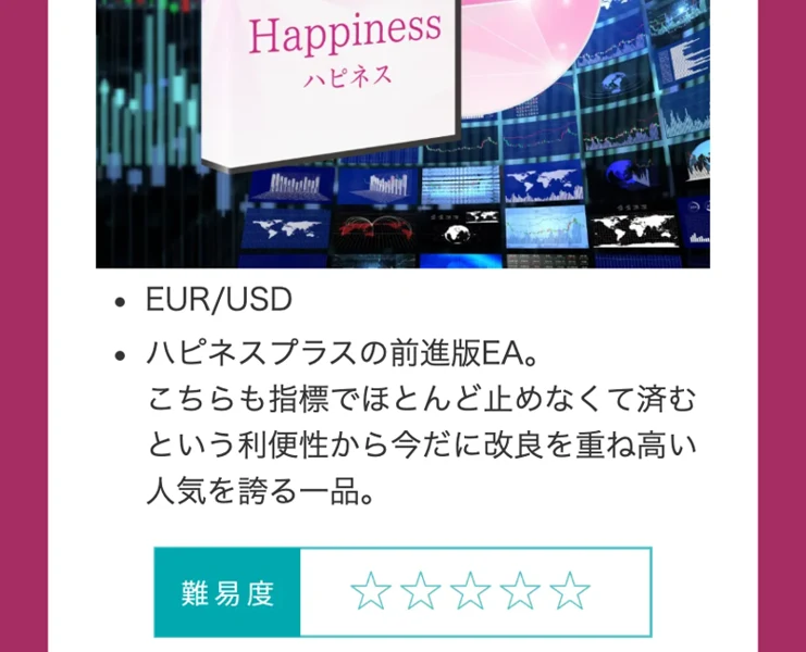 開発されたEAの一覧。ハピネスプラスは初心者向けのバランス型EA、利益も月利25%程度と満足いくものと書かれている画面