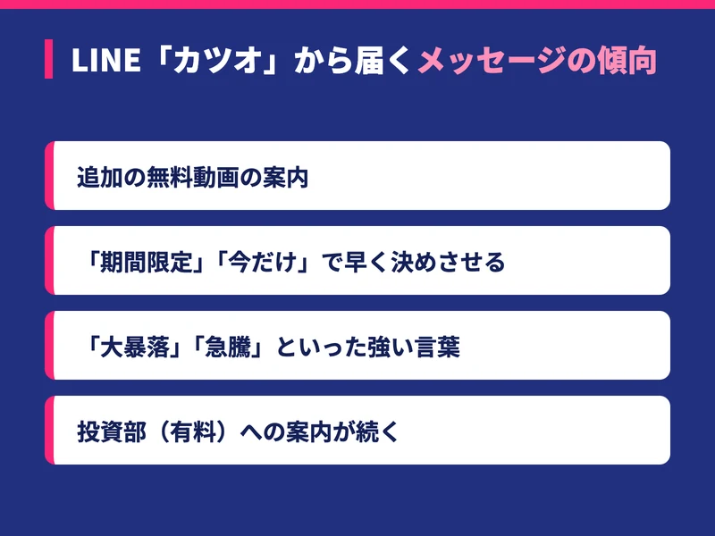 LINEのカツオから届くメッセージの傾向をまとめた図。追加の無料動画の案内、期間限定・今だけといった言葉、大暴落や急騰といった煽り、投資部への案内が続くという内容
