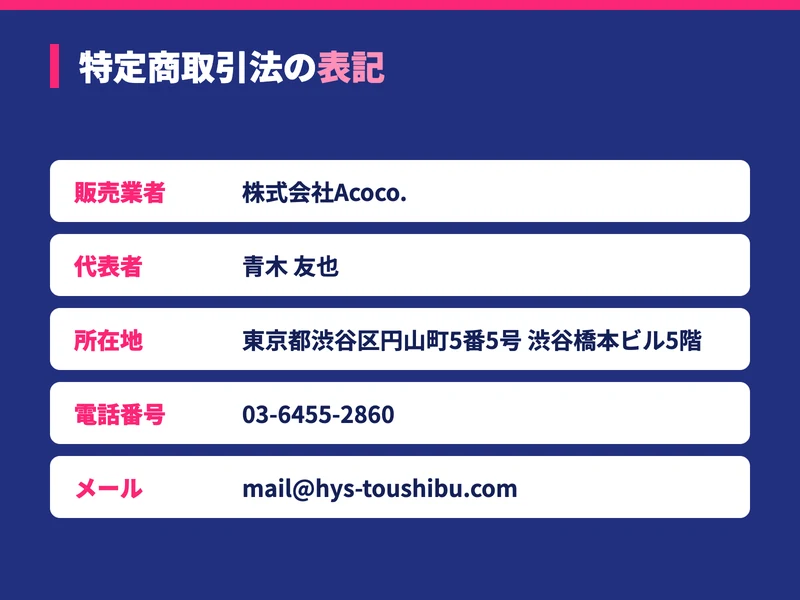 林流投資術の特定商取引法の表記。販売業者は株式会社Acoco、代表者は青木友也、所在地は東京都渋谷区円山町、電話番号ありと記載されている