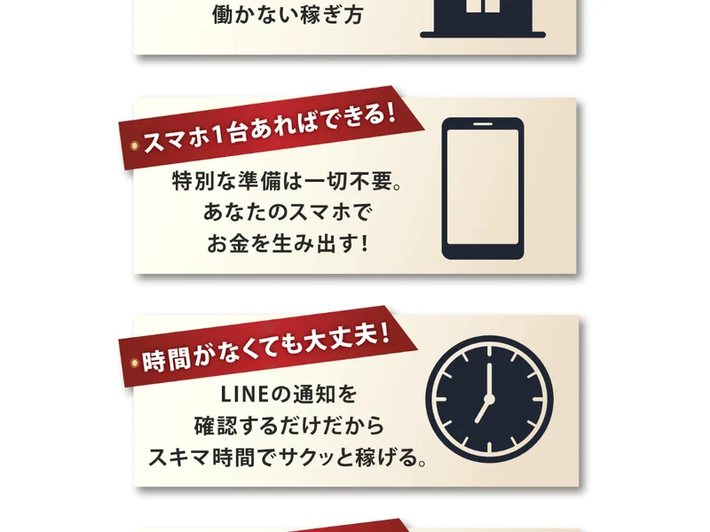 難しい知識は必要ない、スマホ1台あればできる、時間がなくてもLINEの通知を確認するだけと訴えるI-LAND7の画面