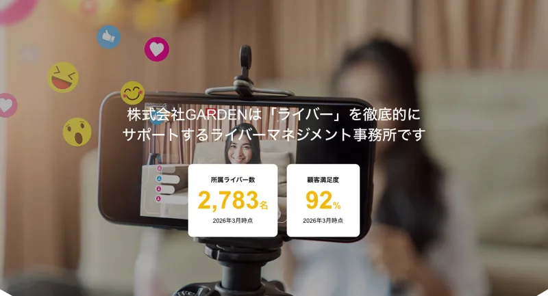 株式会社GARDENの事務所サイト。所属ライバー数2,783名、顧客満足度92%と大きく掲げられている