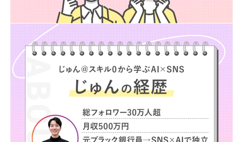 じゅんの経歴。総フォロワー30万人超、月収500万円、元ブラック銀行員からSNS×AIで独立、書籍「インスタ×AIの教科書」出版と書かれている