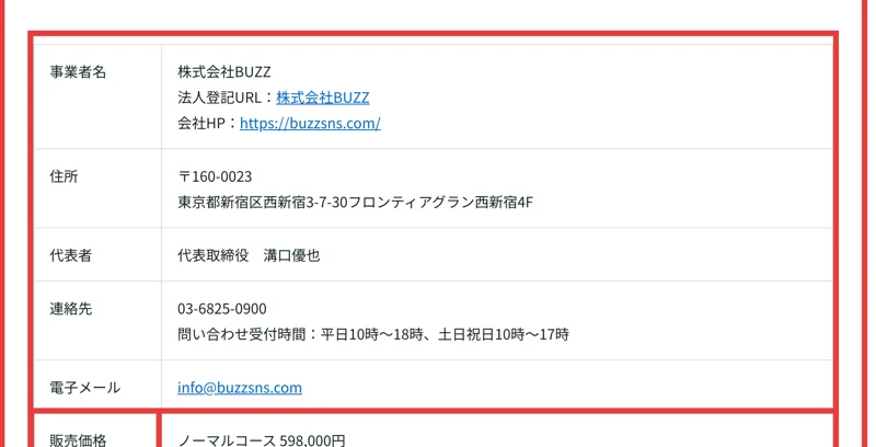 株式会社BUZZの特定商取引法の表記。事業者名、住所、代表者、連絡先、メールが記載されている