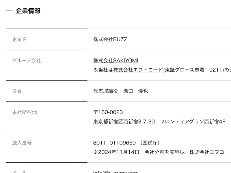 株式会社BUZZの企業情報。企業名、グループ会社に株式会社SAKIYOMI、親会社にエフ・コード(東証グロース9211)、代表取締役溝口優也、法人番号8011101109639と記載されている