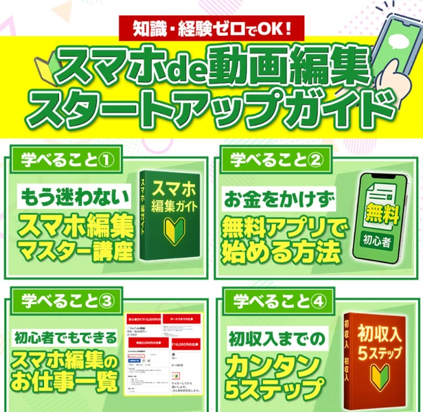 スマホde動画編集スタートアップガイドの広告。知識・経験ゼロでOKと大きく打ち出し、スマホ1台で動画編集を始められるとうたっている画面