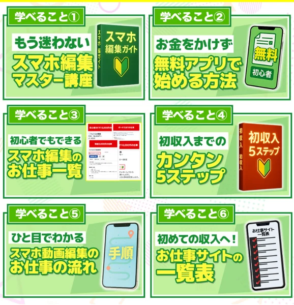 スタートアップガイドで学べることの一覧。スマホ編集マスター講座、無料アプリで始める方法、初心者向けの仕事一覧、初収入までの5ステップなどが並んでいる画面
