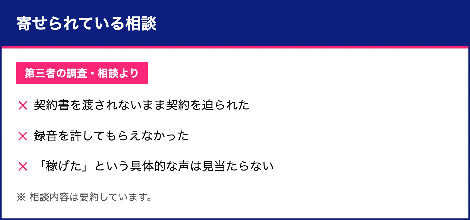 Lead AIに寄せられている相談をまとめたカード。契約書を渡されないまま契約を迫られた、録音を許されなかった、稼げたという声は見当たらないという内容