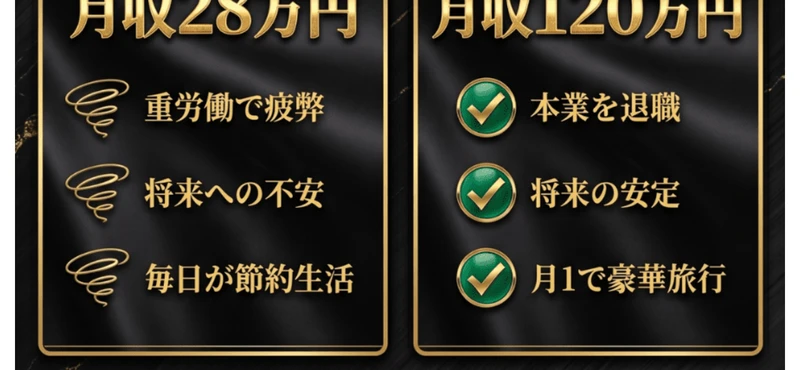 myfansの体験談。Before月収28万円、After月収120万円と比較して見せている画面