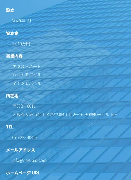 ネクストエイドの運営会社の情報。設立2020年1月、資本金3,010万円、所在地は大阪府大阪市淀川区西中島、事業内容に格安SIMや産直食品が記載されている画面