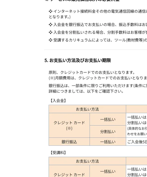 リモラボの特定商取引法ページ。販売価格のほかに入会金の振込手数料や分割手数料がかかり、支払いは原則クレジットカードで分割払いにも対応と記載されている