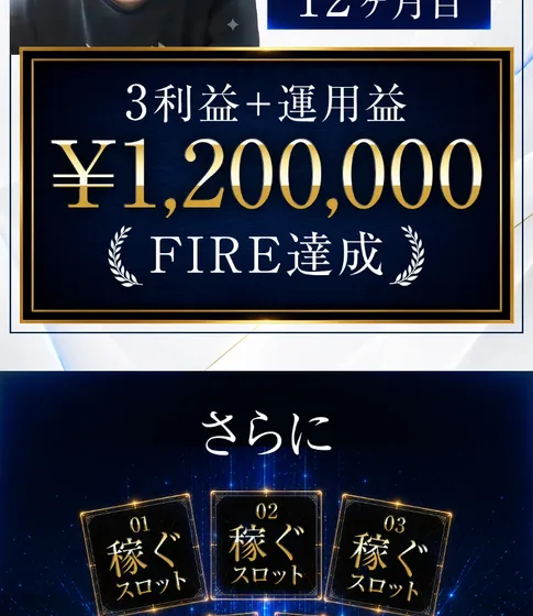 12ヶ月目に3利益と運用益で120万円のFIREを達成したというTREASURE BOXの実績シミュレーション画面