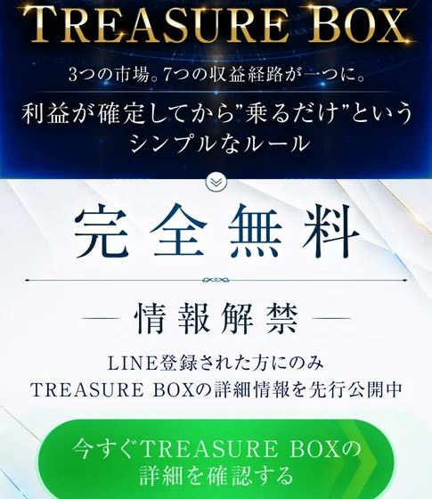 毎日最低1万円、毎月最低30万円という金額を大きく強調したTREASURE BOXの広告画面